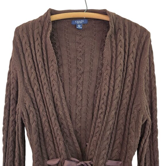 Chaps Cable Knit Brown Cardigan Sweater Large Ribbon Tie Waist Eyelet Cuffs - Picture 3 of 11